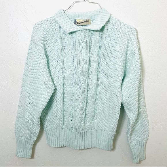Diane Von Furstenberg Sweaters - Vintage 80’s 90’s DVF Mint Green Chunky Cable Knit Collared Sweater